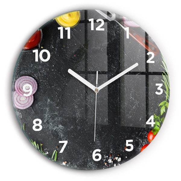 Round glass clock Vegetables on the table