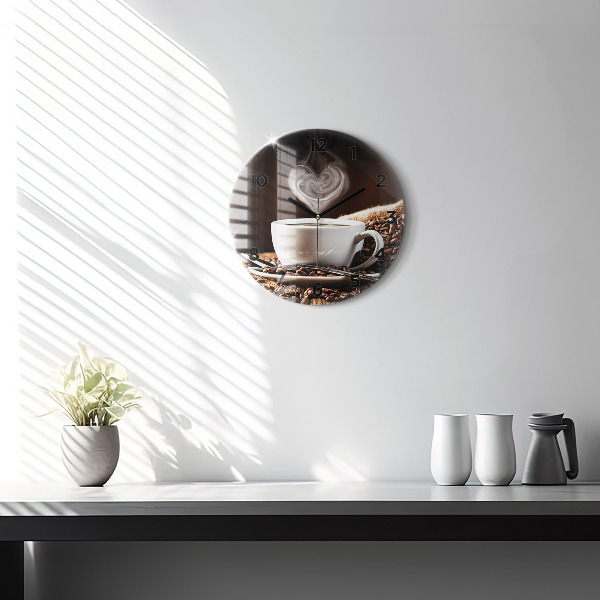 Round glass clock A cup of coffee