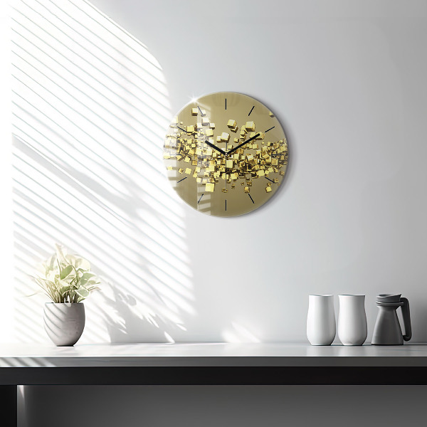 Round glass clock Golden squares