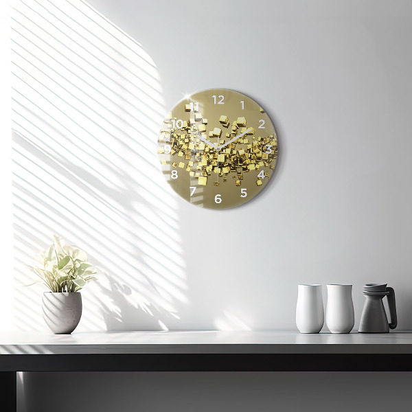 Round glass clock Golden squares