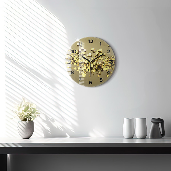 Round glass clock Golden squares