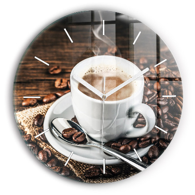 Round glass clock Cup and coffee beans