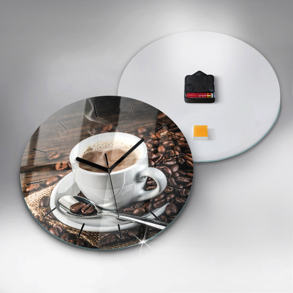 Round glass clock Cup and coffee beans