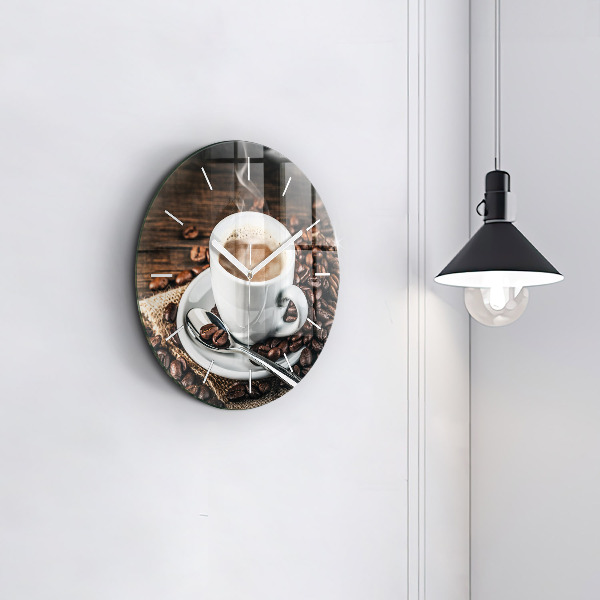 Round glass clock Cup and coffee beans