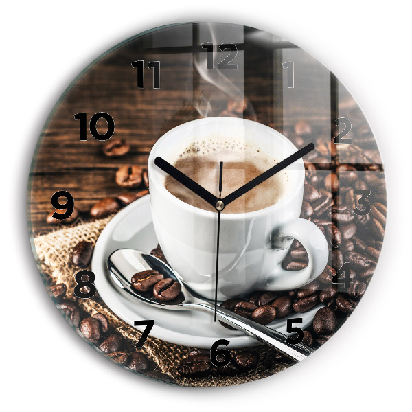 Round glass clock Cup and coffee beans