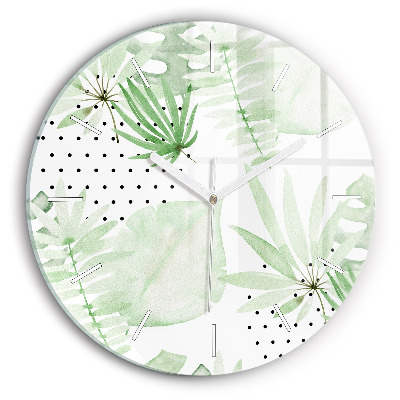 Round glass clock Green leaves