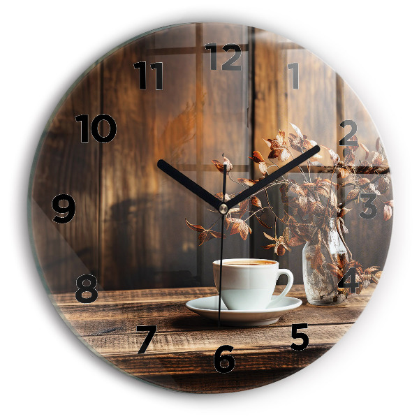 Round glass clock A cup of coffee