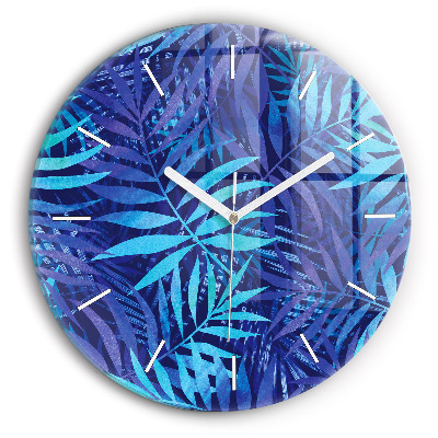 Round glass clock Blue leaves