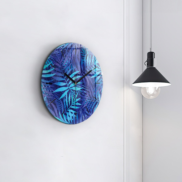 Round glass clock Blue leaves