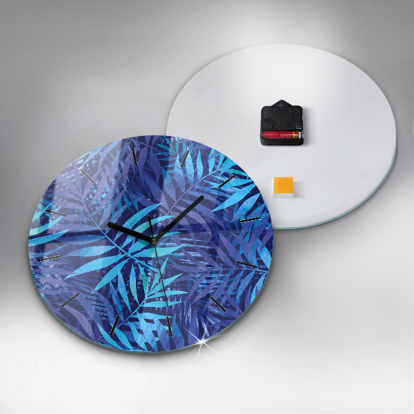 Round glass clock Blue leaves