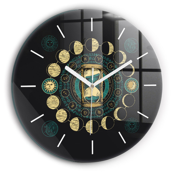Round glass clock Moon phases and hourglass