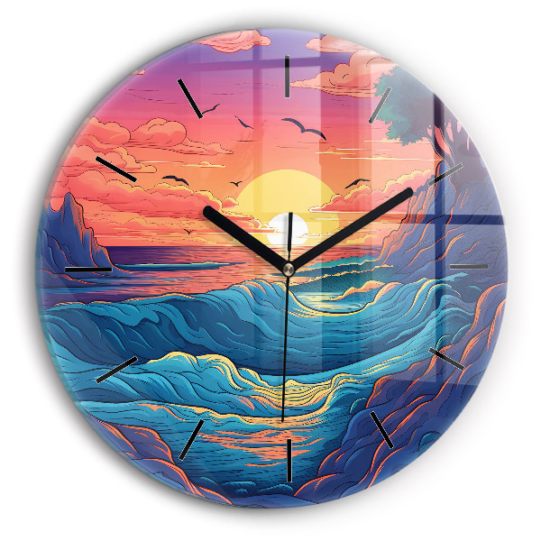 Round glass clock Fairytale waves and ocean
