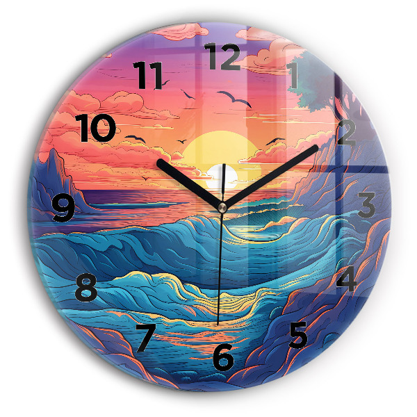 Round glass clock Fairytale waves and ocean