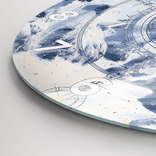 Round glass clock Blue drawings