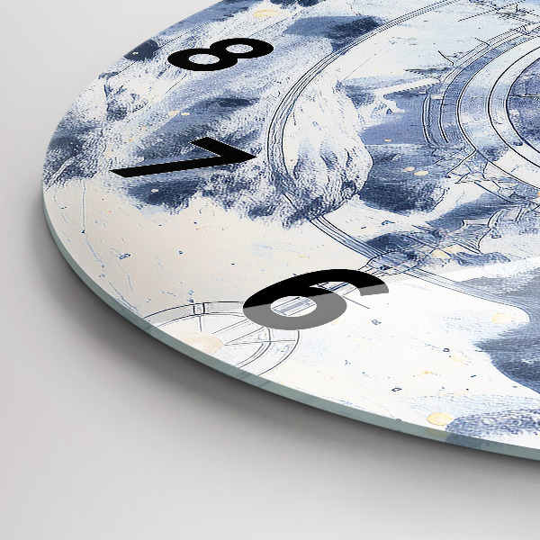 Round glass clock Blue drawings