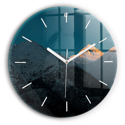 Round glass clock Sunset in the mountains
