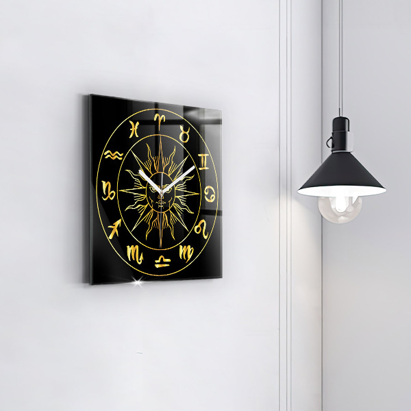Square glass clock Golden zodiac signs with sun