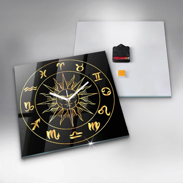 Square glass clock Golden zodiac signs with sun