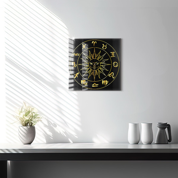 Square glass clock Golden zodiac signs with sun