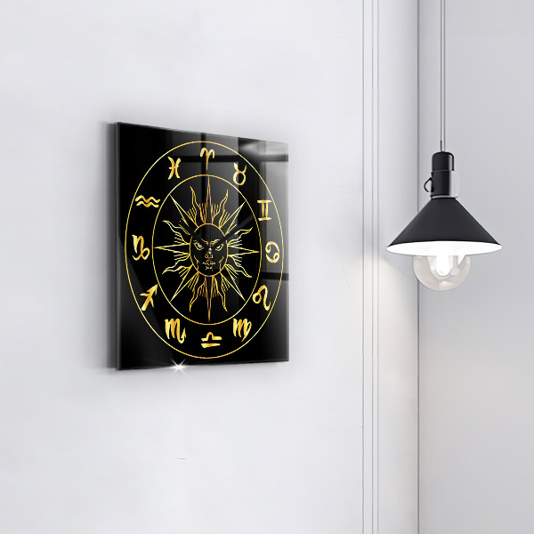 Square glass clock Golden zodiac signs with sun
