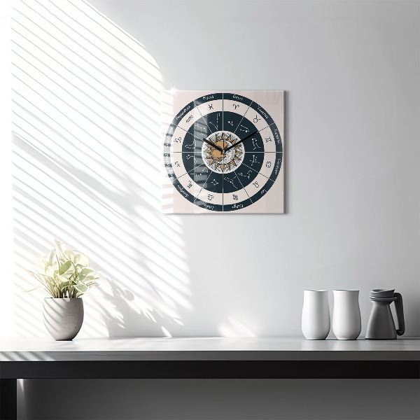 Square glass clock Zodiac constellations on blue background