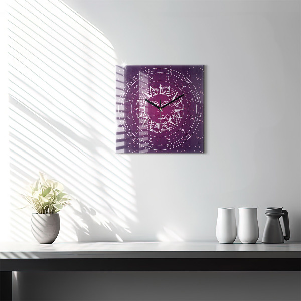 Square glass clock Zodiac constellations on purple background