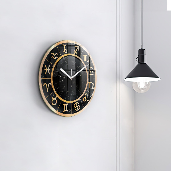 Round clock glass Black Zodiac Signs