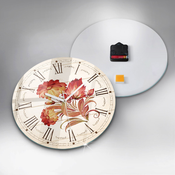 Round clock glass Red Flowers