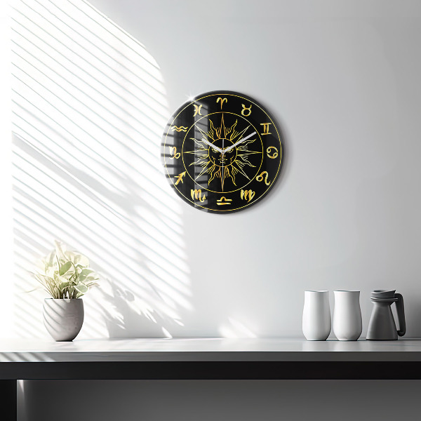 Round clock glass Golden Zodiac Signs