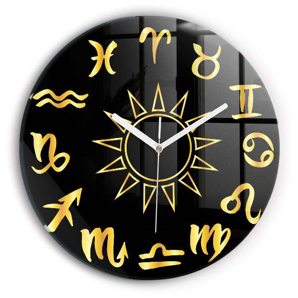 Round clock glass Golden Zodiac Signs and Sun