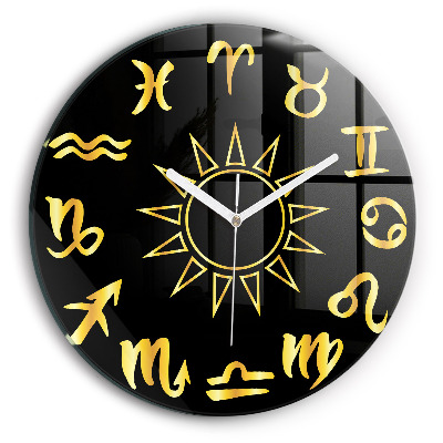 Round clock glass Golden Zodiac Signs and Sun