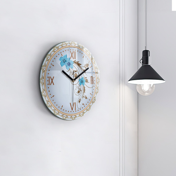 Round clock glass Blue Flowers