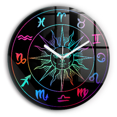 Round clock glass Rainbow Zodiac Signs and Sun