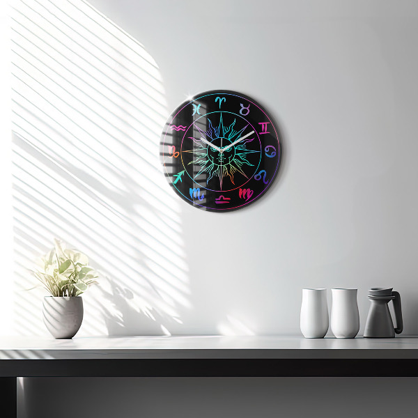 Round clock glass Rainbow Zodiac Signs and Sun