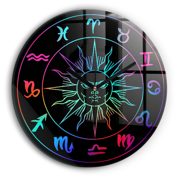 Round clock glass Rainbow Zodiac Signs and Sun