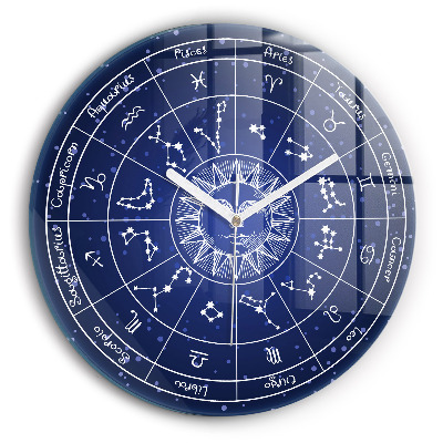 Round clock glass Zodiac Constellations on a Sky Blue Background