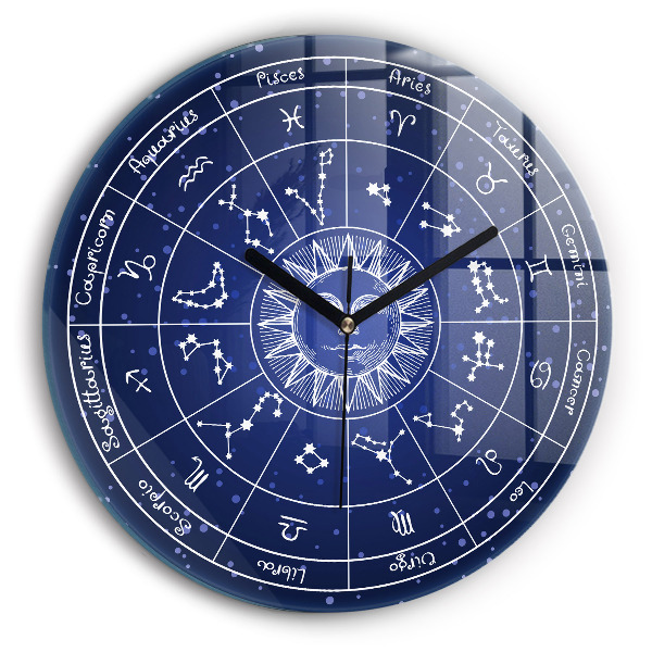 Round clock glass Zodiac Constellations on a Sky Blue Background