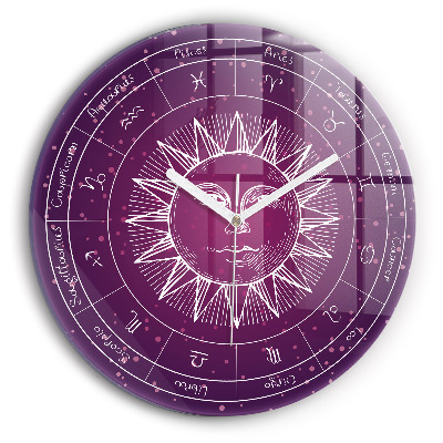Round clock glass Zodiac Constellations on a Purple Background