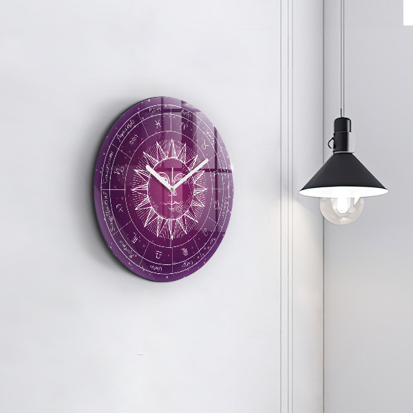 Round clock glass Zodiac Constellations on a Purple Background