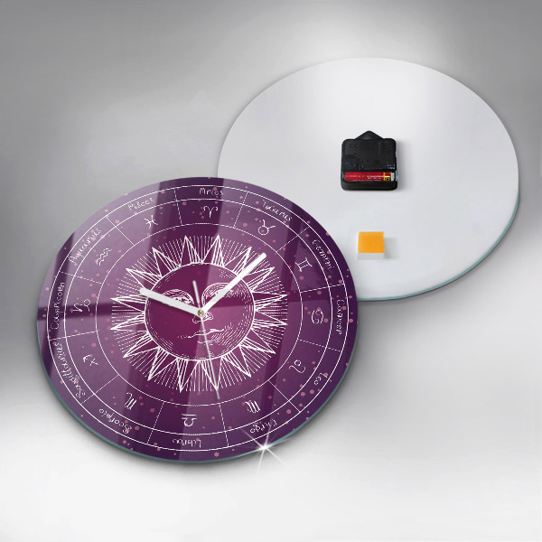 Round clock glass Zodiac Constellations on a Purple Background