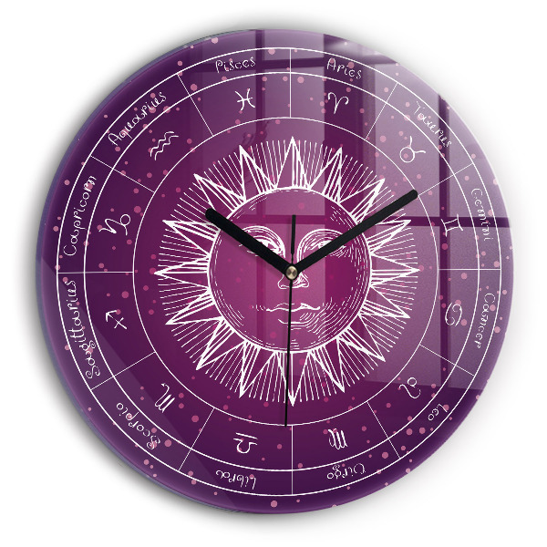 Round clock glass Zodiac Constellations on a Purple Background