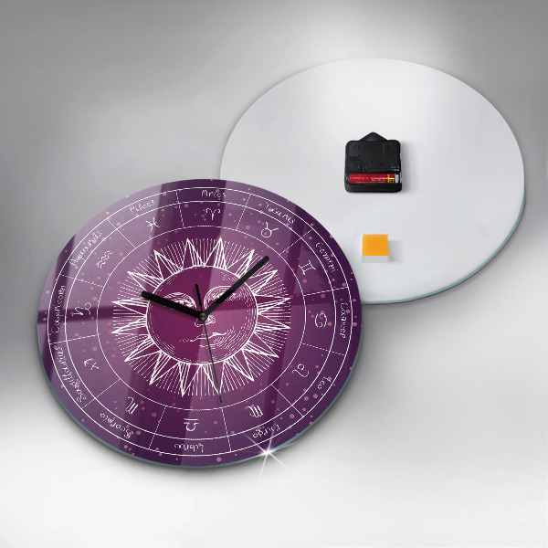 Round clock glass Zodiac Constellations on a Purple Background