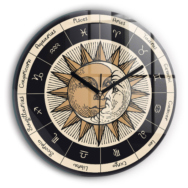 Round clock glass Sun and Zodiacs